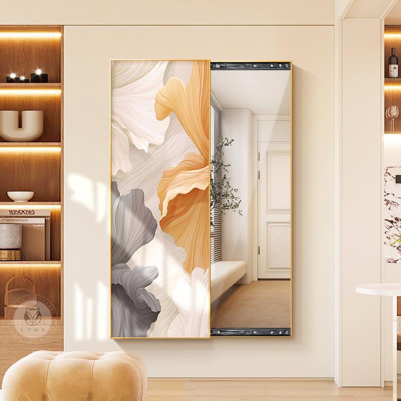 奶油衣风玄关全隐身镜推装饰画抽象拉隐藏HJBJ-202式可遮挡关闭形