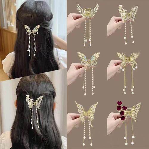 Exquisite Rhinestone Butterfly Fringe Hair Claw Clips Korean