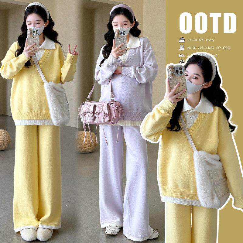秋冬装新款韩版孕妇装宽松休闲卫衣时尚款假两件上衣+阔腿裤套装