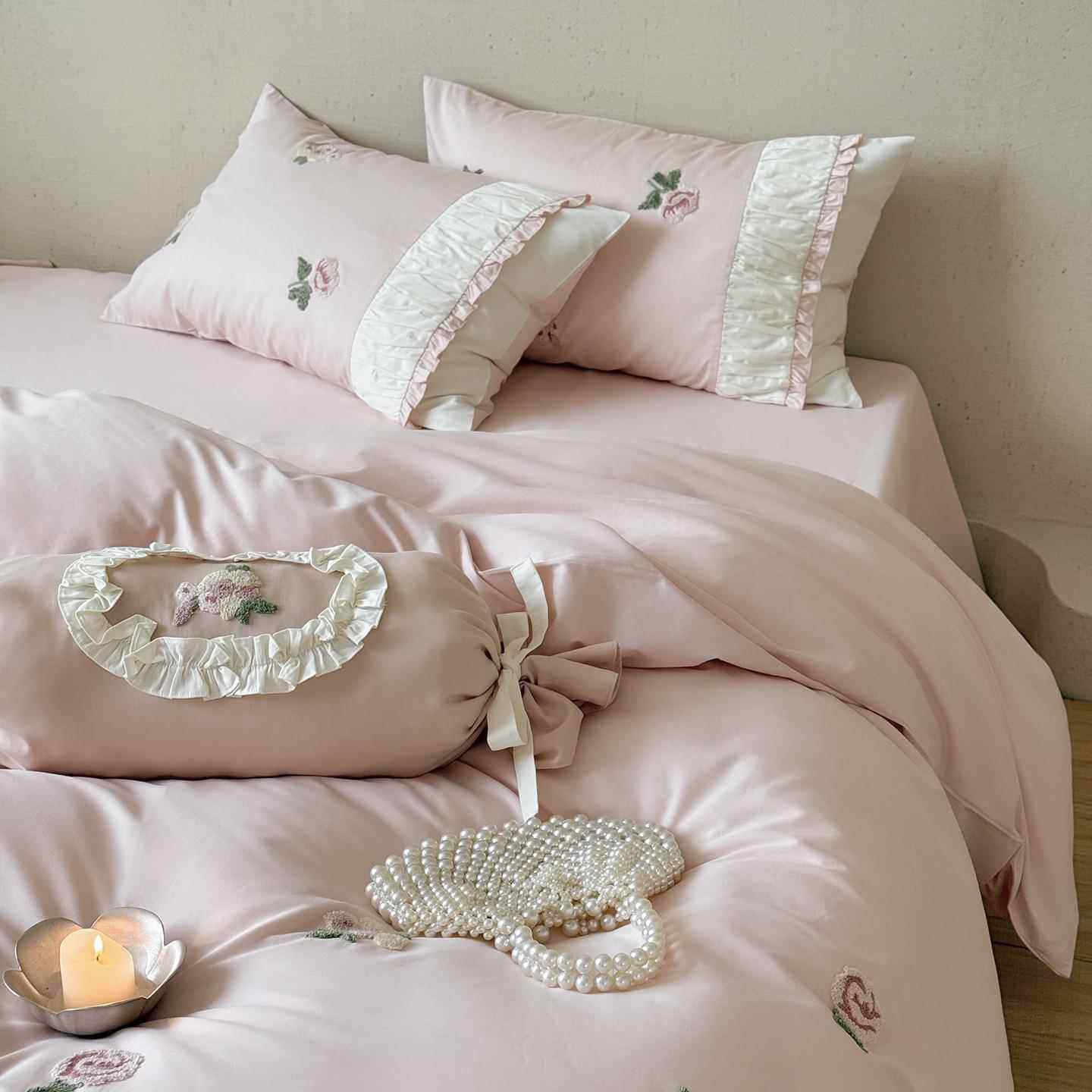 法式秋冬款100S全棉保暖磨毛毛巾绣四件套少女心床上用品被套床单