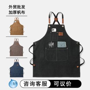 现货加厚帆布棉围裙定制印字咖啡美甲店工作服防水亚马逊跨境