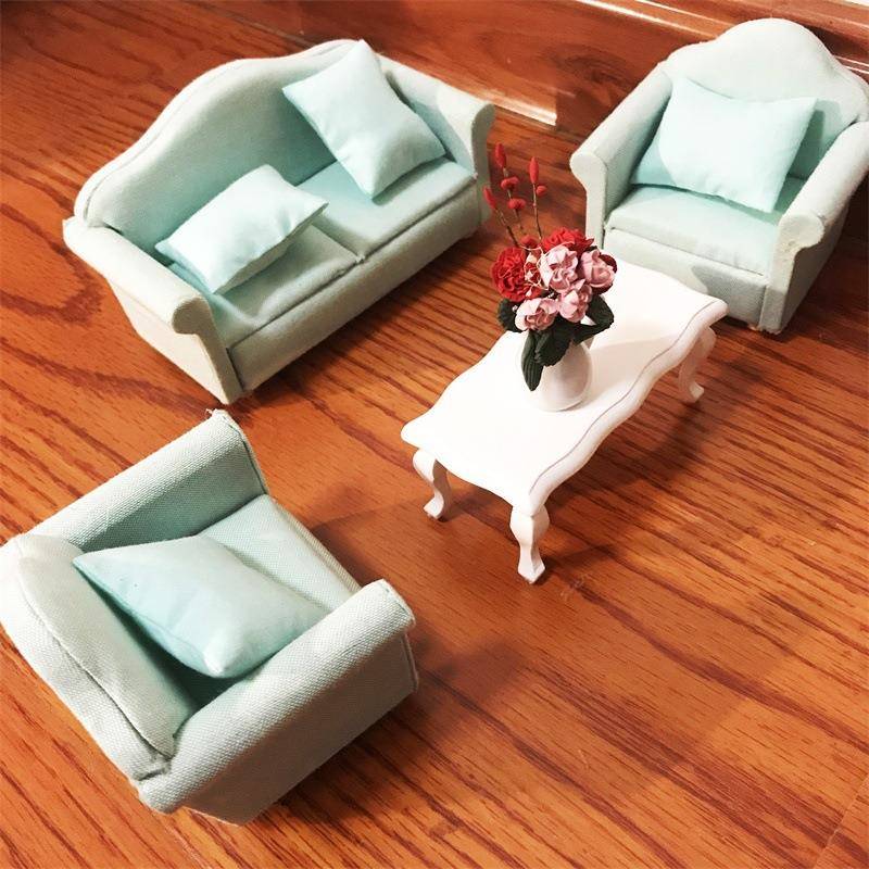 1:12迷你娃娃屋客厅摆件纯色田园风沙发三件套dollhouse仿真模型