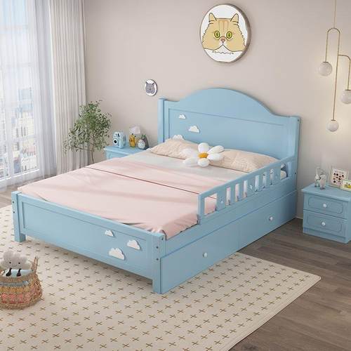 儿童床男孩网红朵实木床粉云色主床一米二单人抽EIJ屉床公女型护