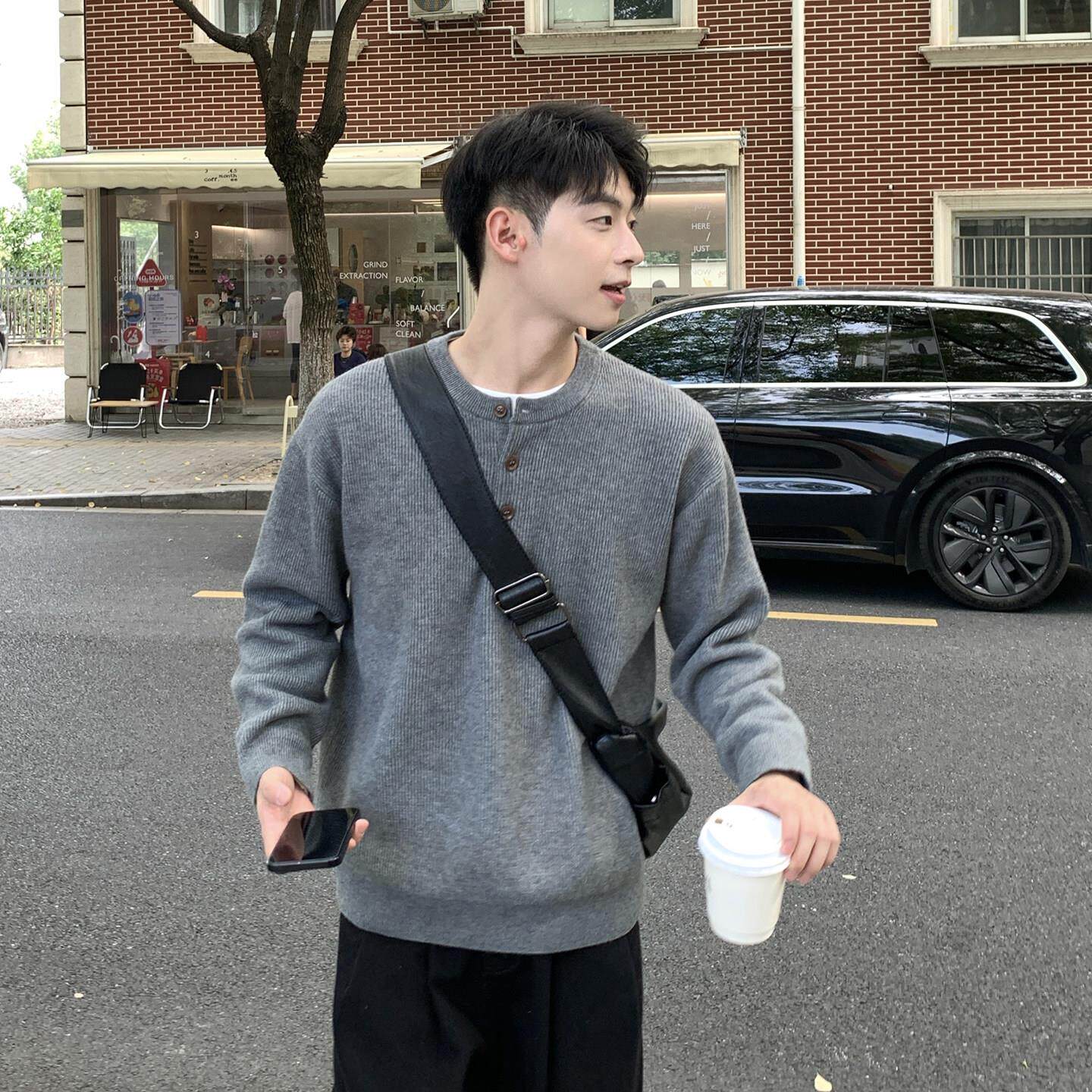 灰色亨利领毛衣内搭男生秋季新款休闲宽松男款高级感针织衫上衣男