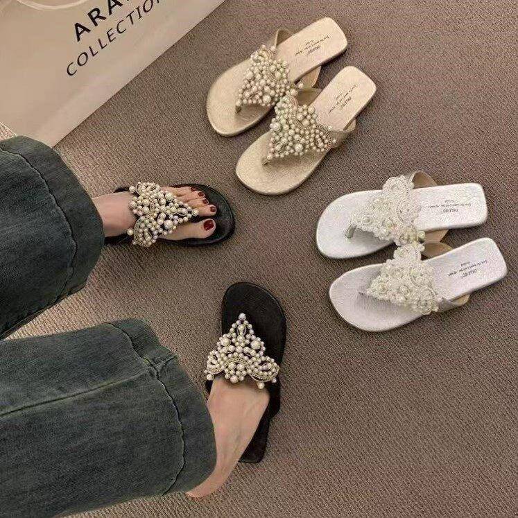 温柔的仙女风格的人字拖女性夏季外穿覆古波西米亚风格凉鞋珍珠人