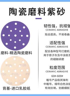 陶瓷紫色砂纸5寸8孔6寸17孔打磨植绒干磨抛光圆盘自粘背绒磨砂纸