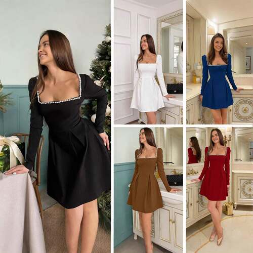 Women's Faux Pearl Decor Square Neck Plicated A Line Dress