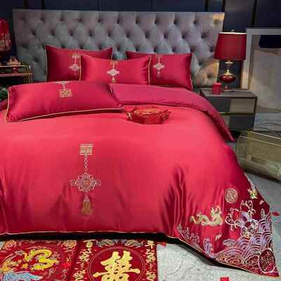 奢华欧式刺绣婚四件套全棉大年红色床水单被698庆套本命可洗床上