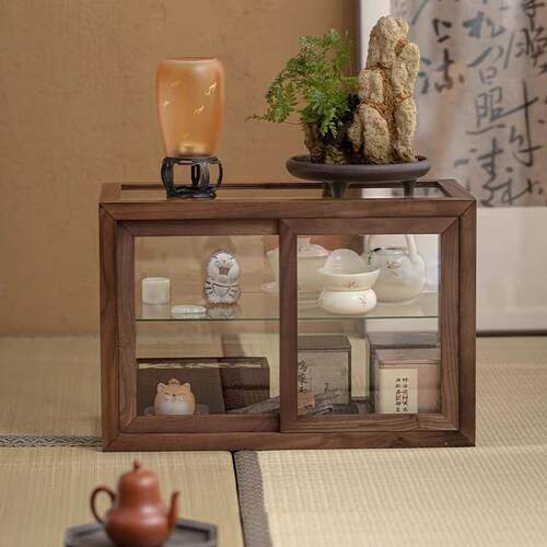 茶器收纳柜玻璃茶具展示柜黑胡桃木桌面实木柜子置物架杯具茶器柜