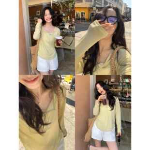 大领口慵懒长袖t恤女宽松外穿套头防晒罩衫设计感上衣