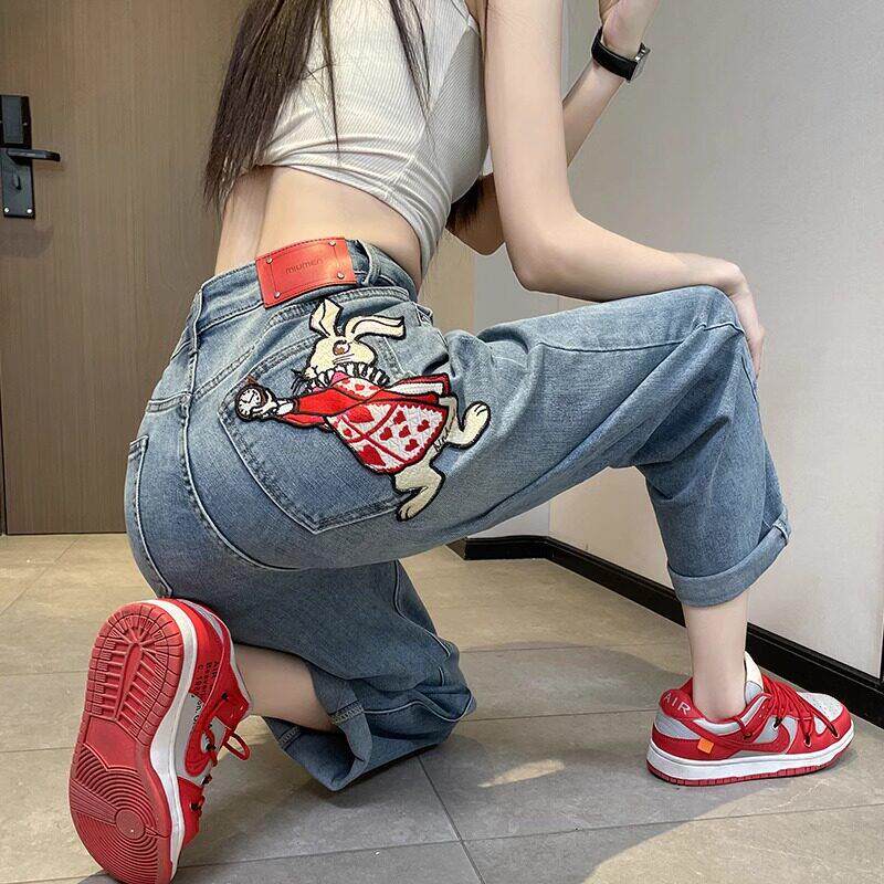 SPYB兔子刺绣牛仔裤女春秋高腰显瘦设计感小众美式复古直筒宽裤