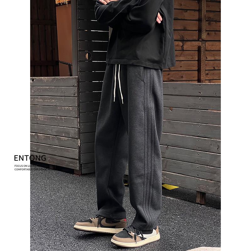 Entong秋季深灰色针织休闲卫裤百搭运动裤子男生美式直筒宽松长裤