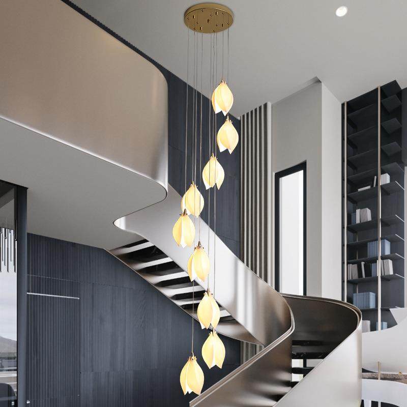 复式楼梯吊灯长吊灯现代奢空陶瓷吊灯跃层别轻挑墅客厅吊灯中空楼