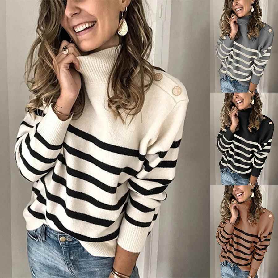 strap knitted turtleneck shoulder striped pullover Womens