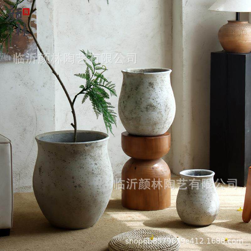 复古做旧水泥花盆大号口径圆形客厅户外绿植盆创意落地花盆龙舌兰