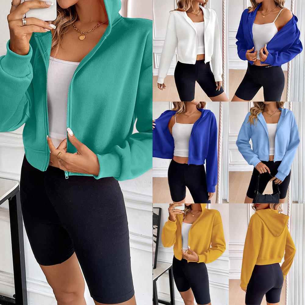 ladies short zipper casual cardigan sweatshirt hooded