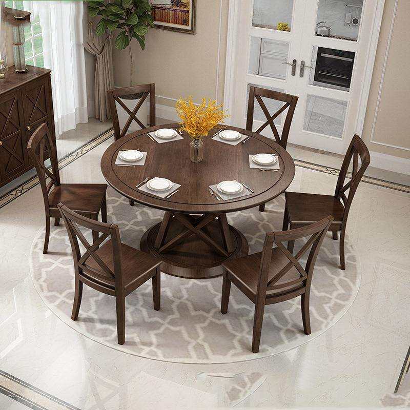 美式实木餐桌椅组合大小户型简约餐厅4人6人圆桌家用吃饭圆形桌子