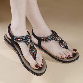 夏季凉鞋女波西米亚民族风串珠水钻夹脚趾平底沙滩罗马鞋黑色