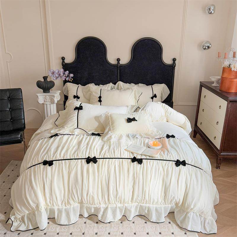 2025中国尺寸厂家直销法式公主风高定雪纺褶皱黑蝴蝶结四件套