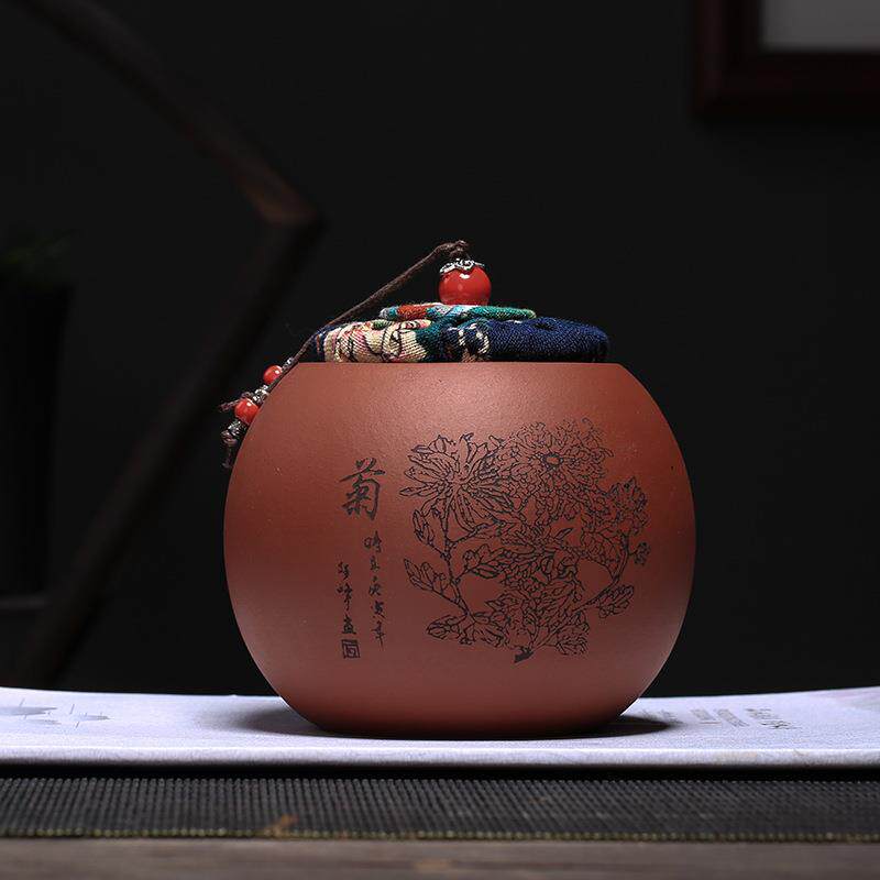 宜兴紫砂茶具原矿紫砂茶叶罐紫泥清水泥段泥梅兰竹菊中号茶罐厂家