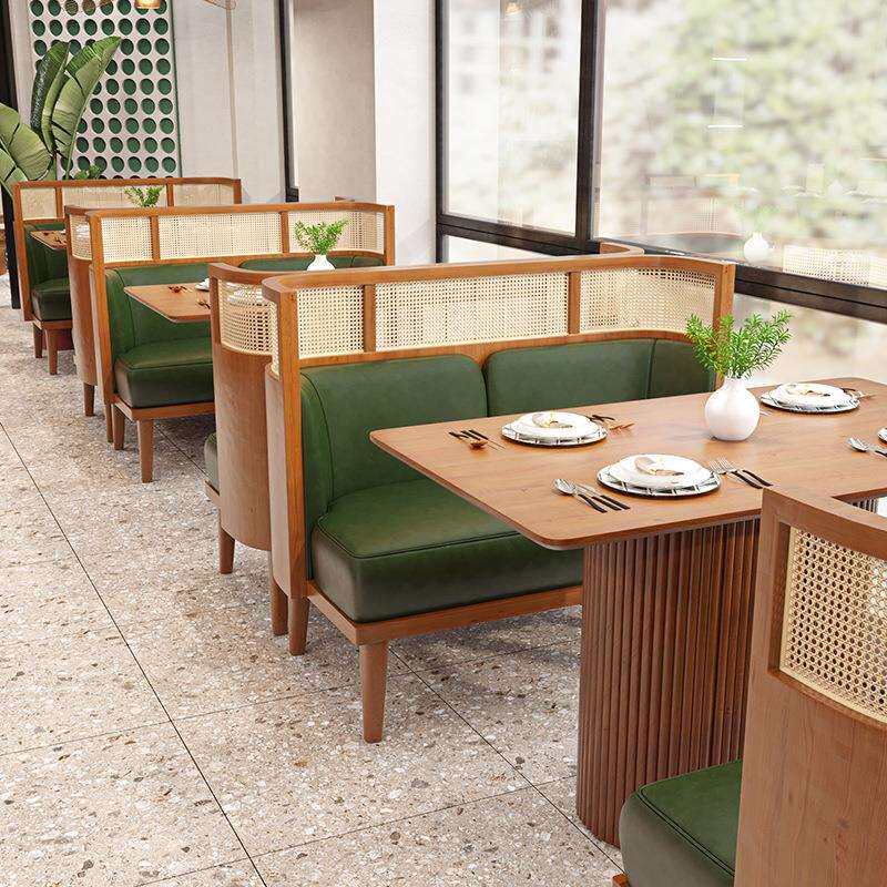 美式咖啡厅奶茶店藤编桌椅组合音乐餐厅西餐厅料理店靠墙卡座沙发