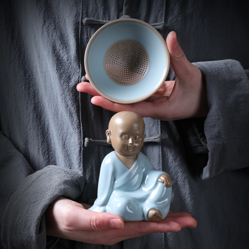 汝窑过滤茶漏陶瓷公道杯全瓷孔一体茶道配件创意小和尚摆件虑茶器