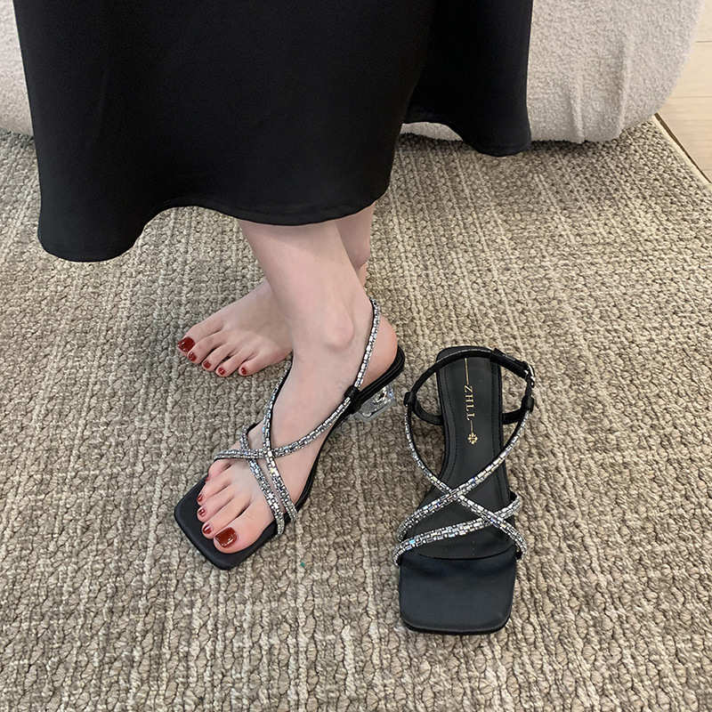 9709-4 一字带高跟凉鞋水钻透明女凉鞋银色水晶跟宽胖脚 大码女