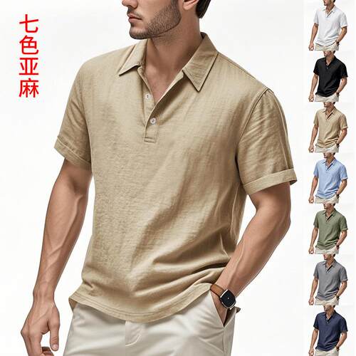 Men's short sleeved shirt, men's linen style breathable