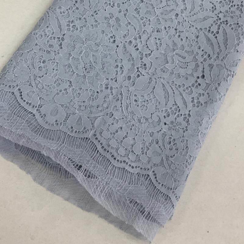 高端纯棉龙骨蕾丝布料灰蓝色花朵刺绣洋装婚纱礼服睫毛花边面料
