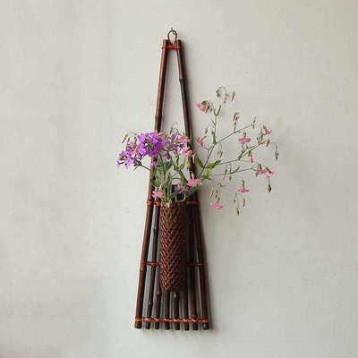 壁挂式插花器紫竹藤编花盆日式花道墙面花艺装饰禅意挂件复古花瓶