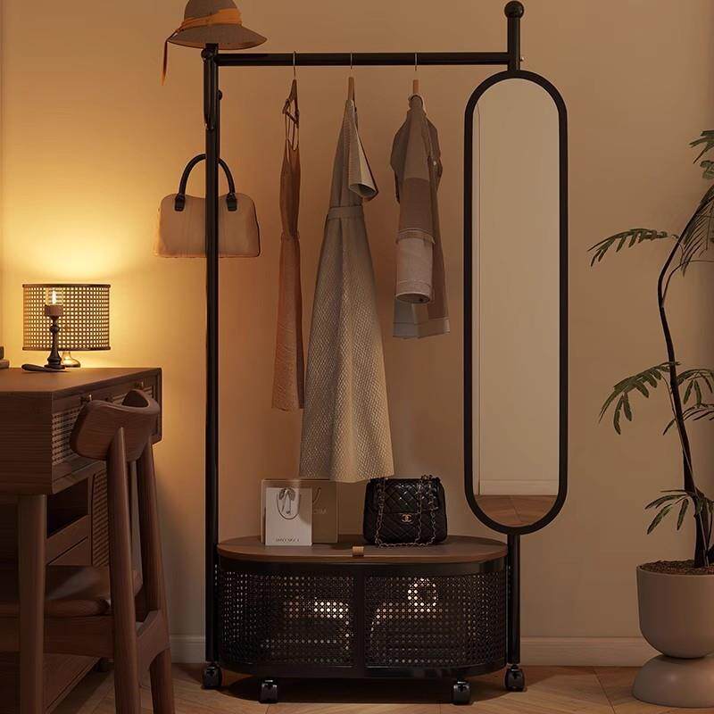 可移动挂衣架带镜子卧室落地式全身镜一体衣帽架试衣镜子置物架子