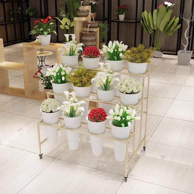 大号花店花架鲜花展示架铁艺多层货架可移动带万向轮塑料鲜花桶架