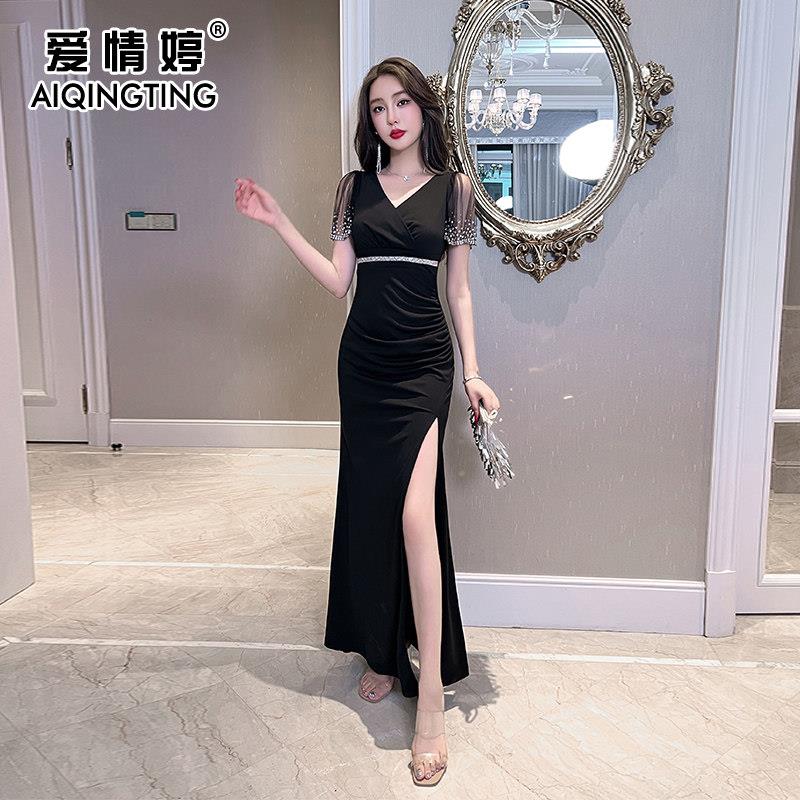 夜总店性感连衣裙气质v领修身包臀开叉长裙子礼服夜总会上班衣服