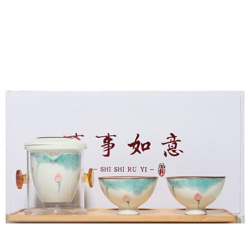 手绘荷花一壶二杯红茶泡茶具套装便携陶瓷茶壶泡茶器公室礼品