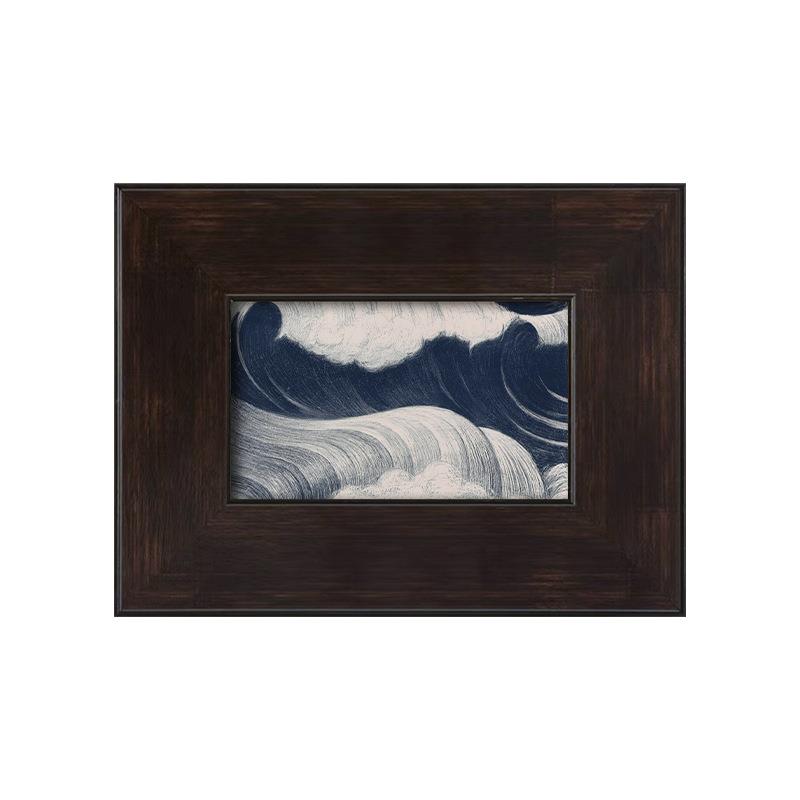 牛仔蓝氛围感中古海浪日式浮世绘哑光油布客厅餐厅装饰挂画实木框