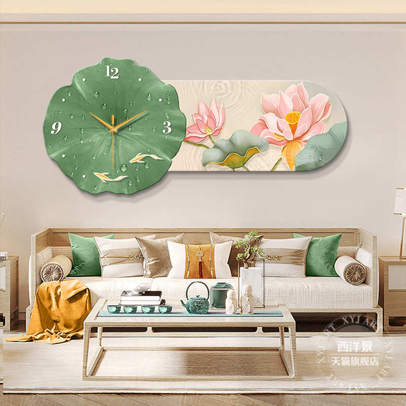 新中式餐厅装饰画荷花九鱼饭厅背景墙挂画现代轻奢客厅带时钟挂画图片