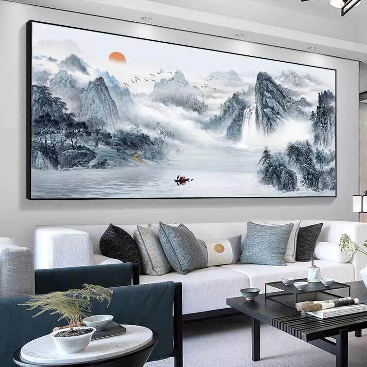 亿笔一画新中式山水画中堂壁画风景画客厅挂画背景墙装饰画办公室