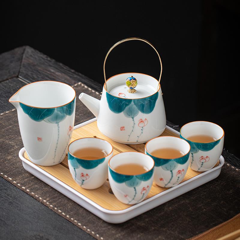 羊脂玉手绘荷韵提梁壶泡茶壶茶具套组陶瓷大容量家用白瓷单壶茶杯