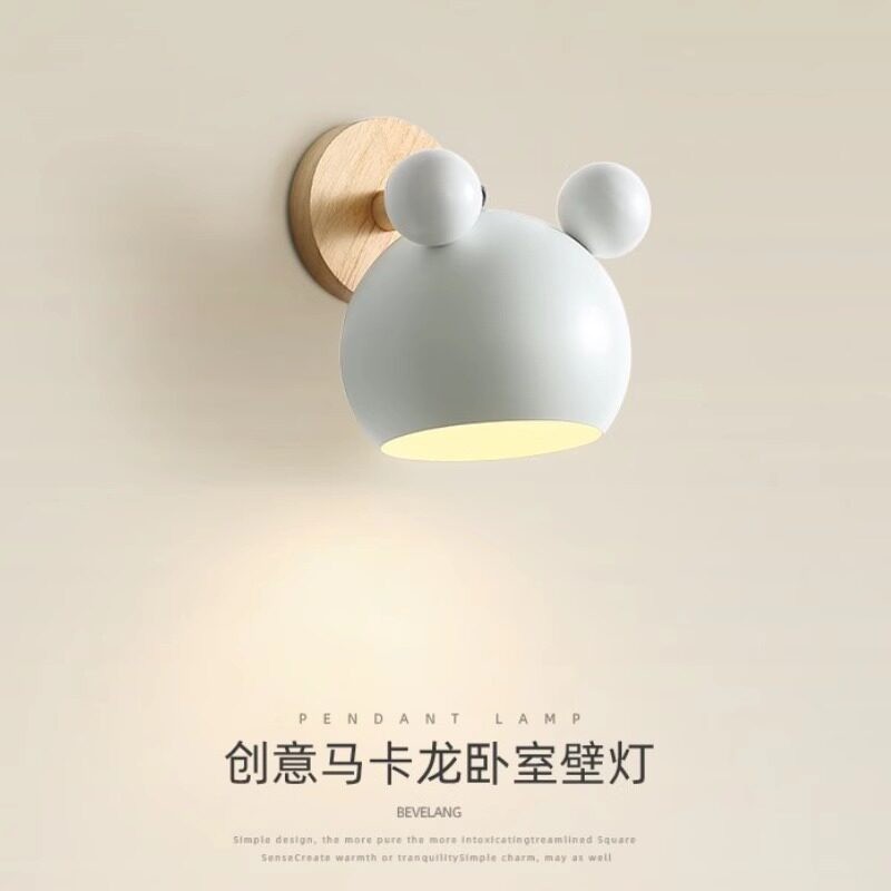 北欧马卡龙创意米老鼠壁灯现代简约日式原木儿童房间灯卧室床头灯