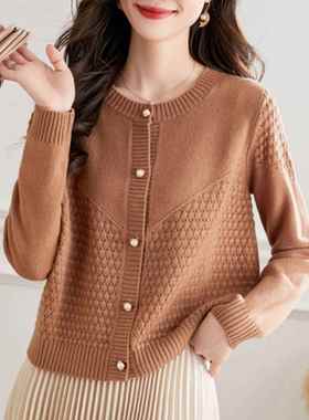 MONLOUVE秋装新款温柔简约风圆领针织开衫女士白色纽扣短外套气质