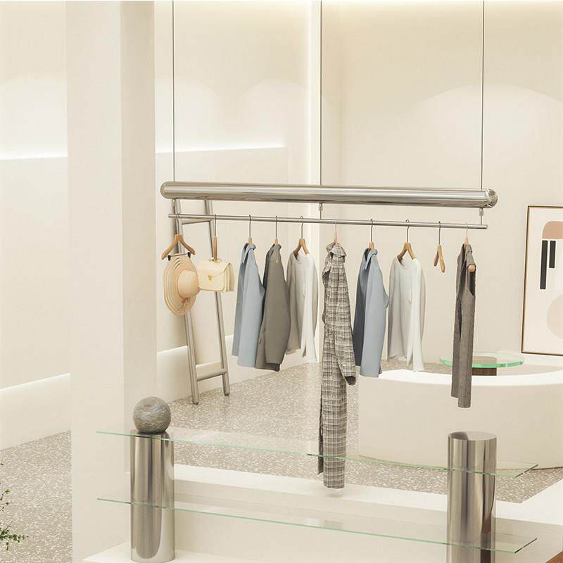 服装店展示架不锈钢拉丝银色陈列服装货架悬挂吊架橱窗网红挂衣架