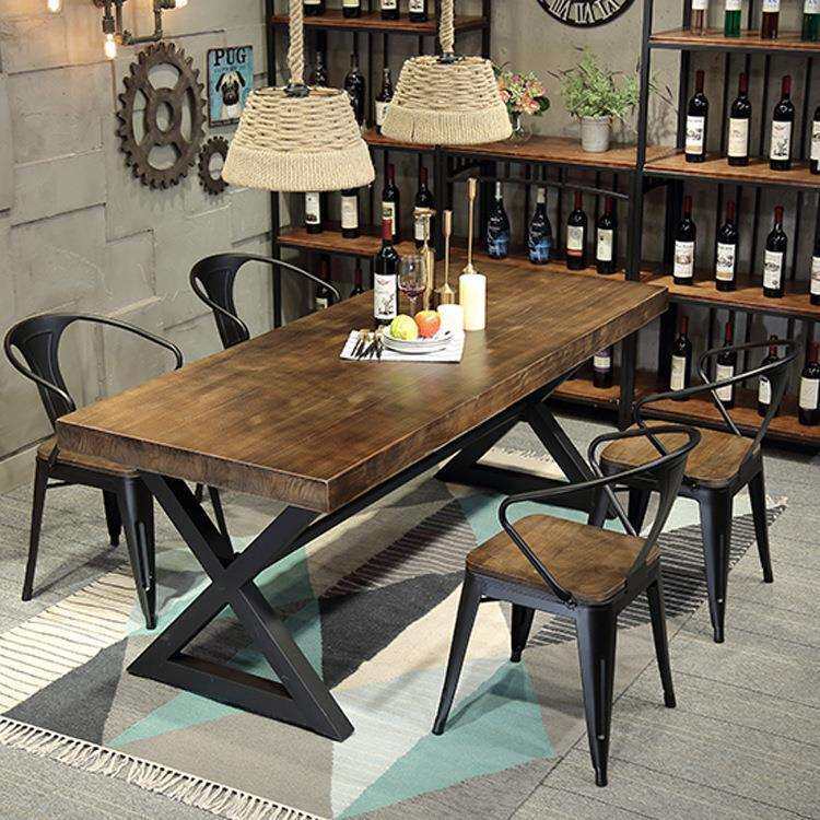 咖啡厅长桌洽谈桌实木餐桌椅组合原木家用小户型饭桌铁艺长条桌子