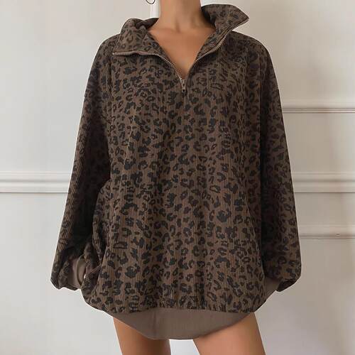 Women's Leopard Print Corduroy Zipper Hoodie  Casual Soft