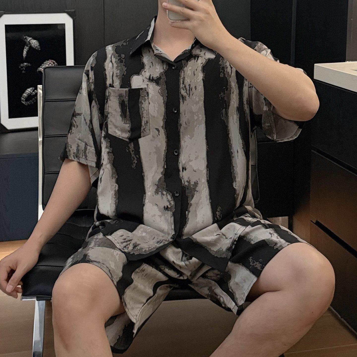 男士夏季薄款棉绸睡衣裤套组短袖短裤印花舒适居家风休闲条纹家居