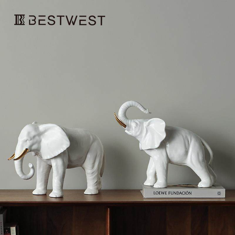 Best west 白色简约陶瓷大象动物摆件样板间设计师客厅桌面装饰品