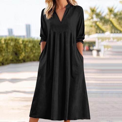 Pocket short sleeved V-neck dress for women