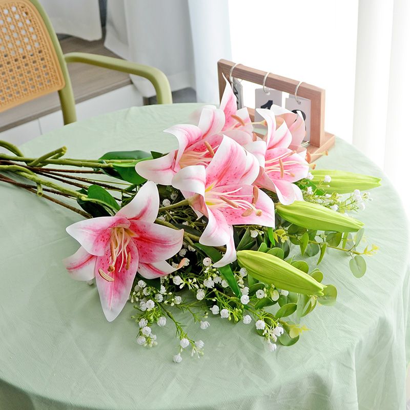 手感百合花假花仿真花束家居客厅电视柜高档花艺餐桌插花装饰摆件