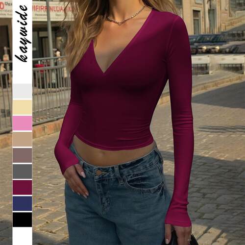 Pure Color Casual V-Neck Long Sleeve T-Shirt Top Fitted