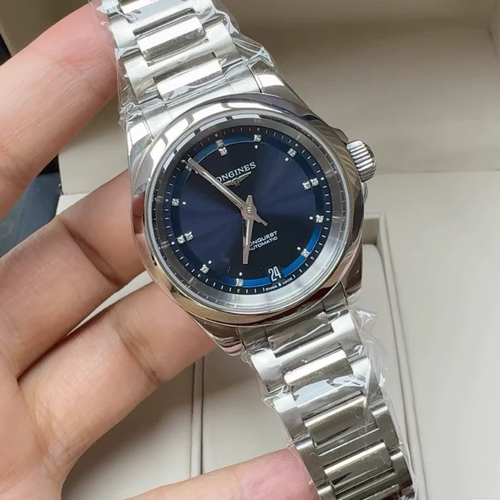 盒证[9.8新]浪琴康卡斯精钢自动机械表34MM女表L3.430.4.97.6蓝面