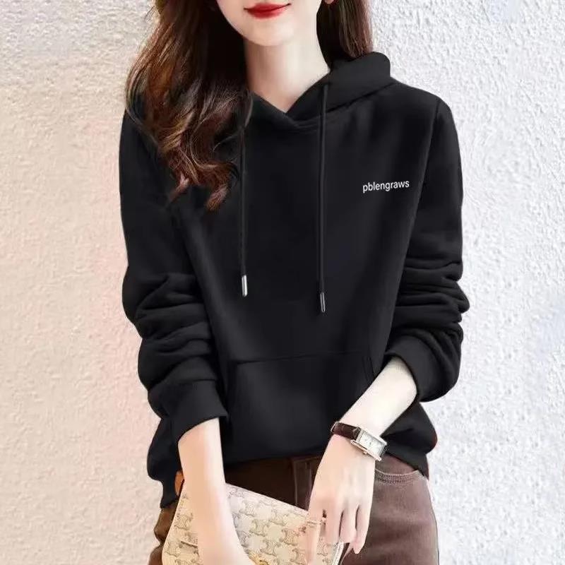 黑色连帽卫衣女宽松休闲简约小个子春秋季2025新款韩版慵懒风上衣